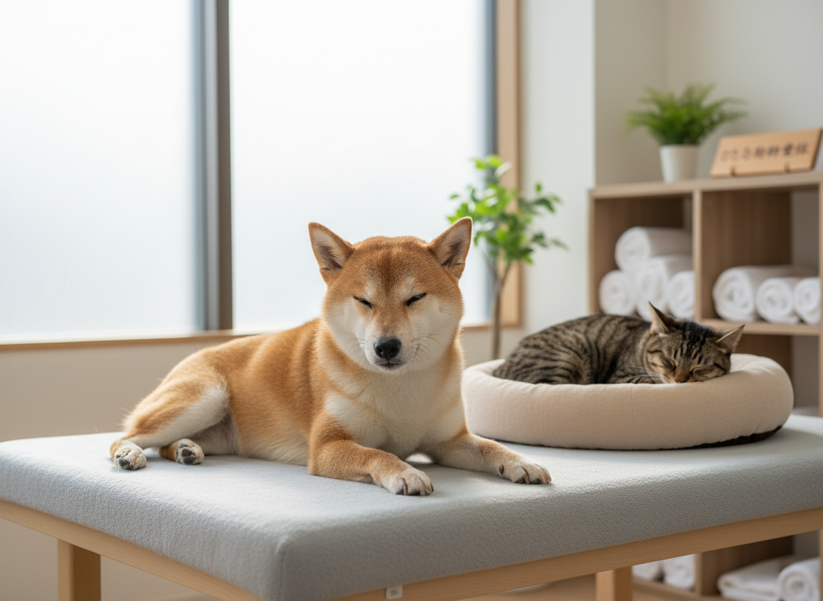 A gentle, medium-sized Shiba Inu lying comfortably on a soft, light-gray therapy mat in a clean, modern pet clinic room in Itami, Hyogo. The dog’s fur looks healthy and slightly fluffed, eyes half-closed in deep relaxation as its spine appears naturally aligned and at ease. Nearby, a calm tabby cat naps in a round, beige cushion bed, symbolizing care for both dogs and cats. Natural daylight pours through a large frosted window, creating soft, diffused illumination and minimal shadows. The background shows neatly arranged wooden shelves with neatly folded towels and simple greenery. Photographic realism, shot at eye level with a shallow depth of field, calm and professional mood, emphasizing safety, trust, and soothing comfort in a Japanese pet osteopathy clinic.
