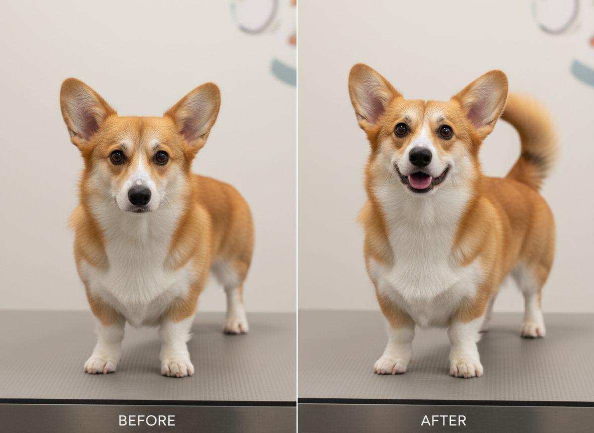A dynamic before-and-after style photographic realism composition featuring the same Corgi in two states, divided subtly by lighting and posture. On the left, the Corgi appears slightly stiff, standing on a neutral gray mat with a mildly tense back and lowered tail. On the right, the same dog stands on the same mat with a more fluid posture, tail comfortably lifted, eyes bright and body aligned, suggesting improved mobility after gentle pet osteopathy. The background remains a simple, softly blurred light-toned clinic wall to keep attention on posture change. Soft studio lighting evenly illuminates both sides, with delicate highlights on the fur and clear, natural colors. Straight-on eye-level perspective, professional and educational mood, ideal for explaining the benefits of canine body alignment care.