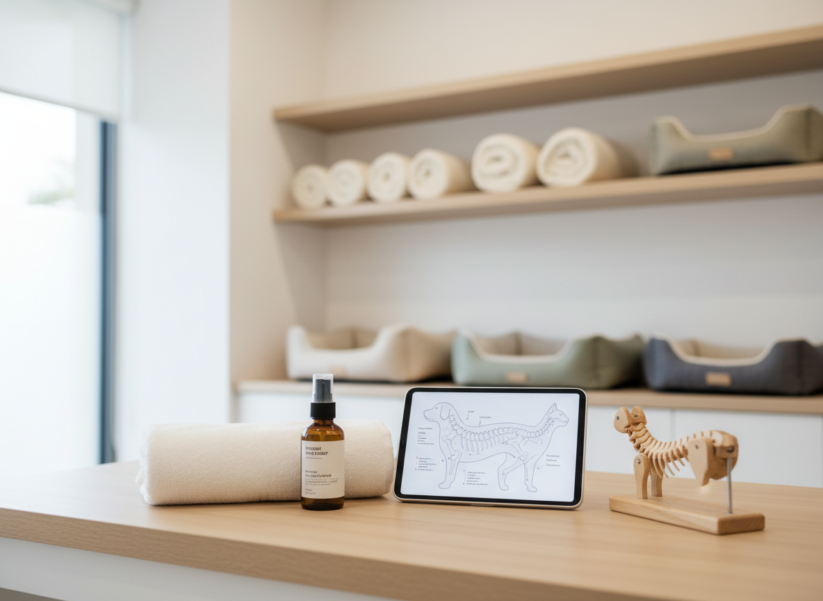 A focused, clean photographic realism image of a neatly organized pet body-care toolkit arranged on a light wooden table in a clinic setting. A soft, folded cotton towel, a small spray bottle of natural cleaner, a digital notepad displaying a stylized outline of a dog and cat spine, and a simple wooden anatomical model of a vertebral column sized for pets are carefully laid out. Behind them, blurred shelves hold neatly stacked blankets and eco-friendly pet beds in neutral colors. Bright, diffused overhead lighting and a hint of daylight from the side create an even, professional illumination with minimal harsh shadows. Shot from a slightly elevated angle, sharp focus on the items, mood clean, trustworthy, and methodical, emphasizing evidence-based, gentle manual care without appearing medical or intimidating.